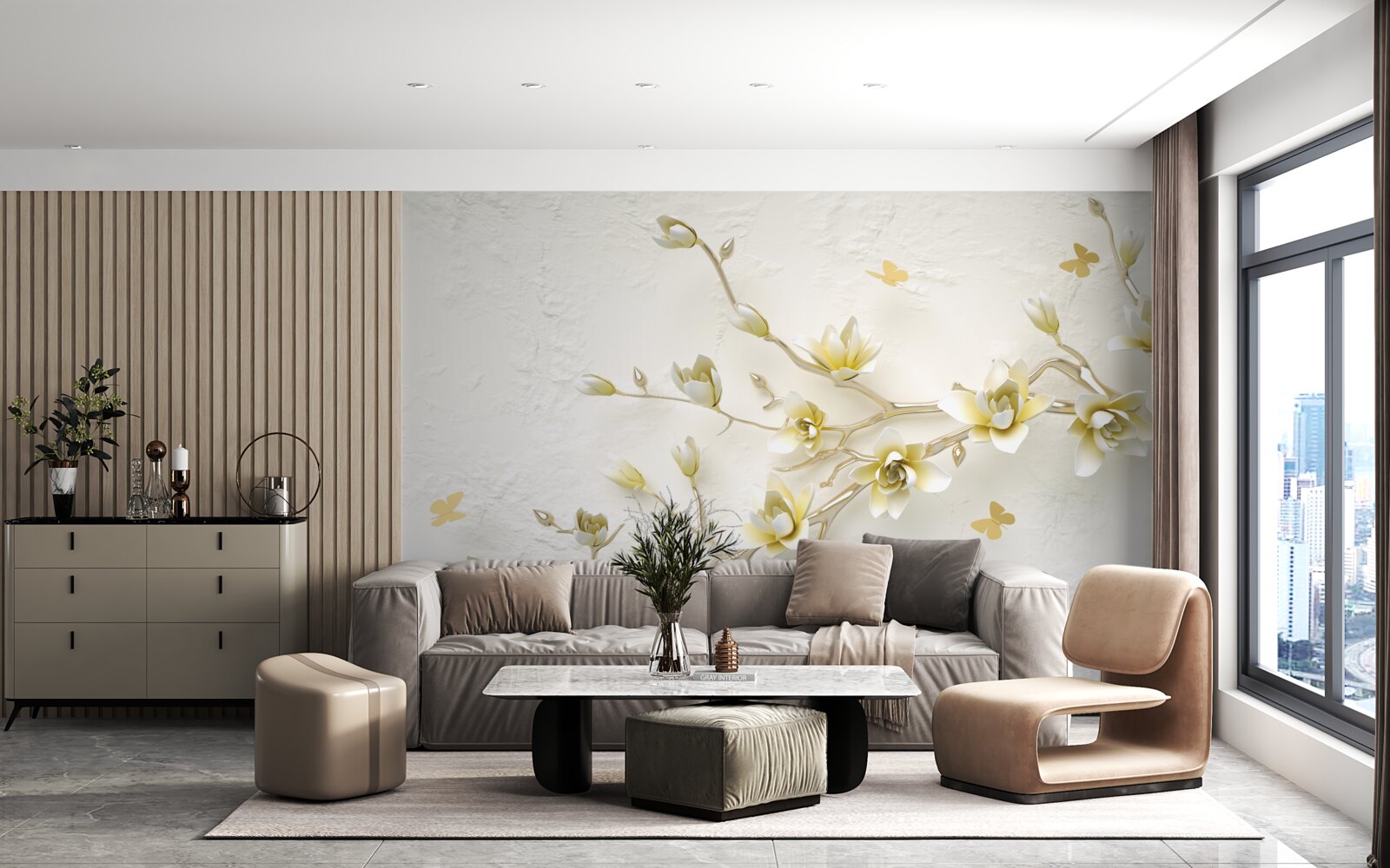 Fototapet o ramură solitară acoperită cu flori și fluturi