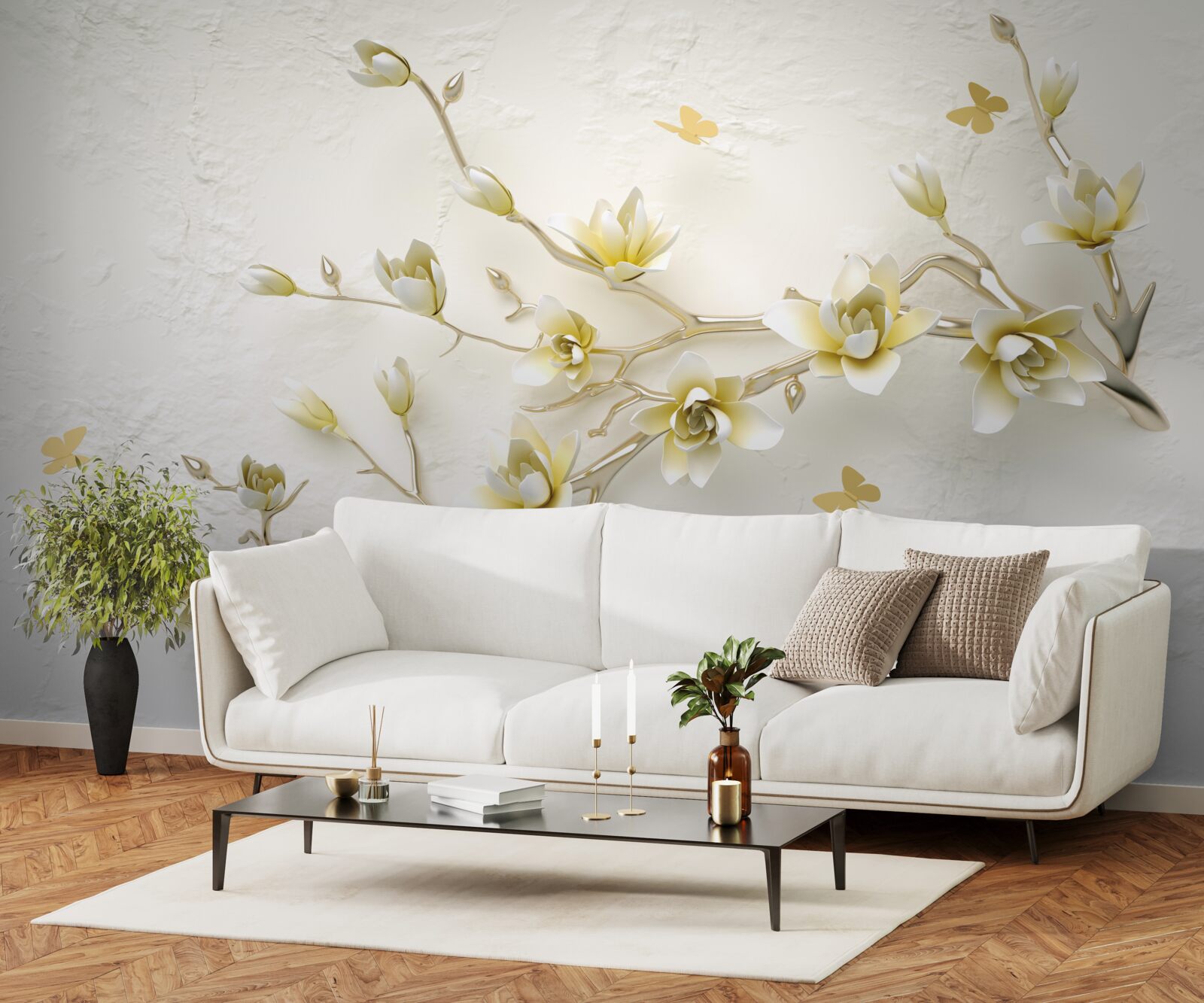 Fototapet o ramură solitară acoperită cu flori și fluturi