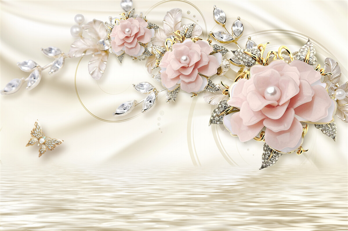 Fototapet deasupra apei atârnă o creangă cu flori roz, decorată cu perle