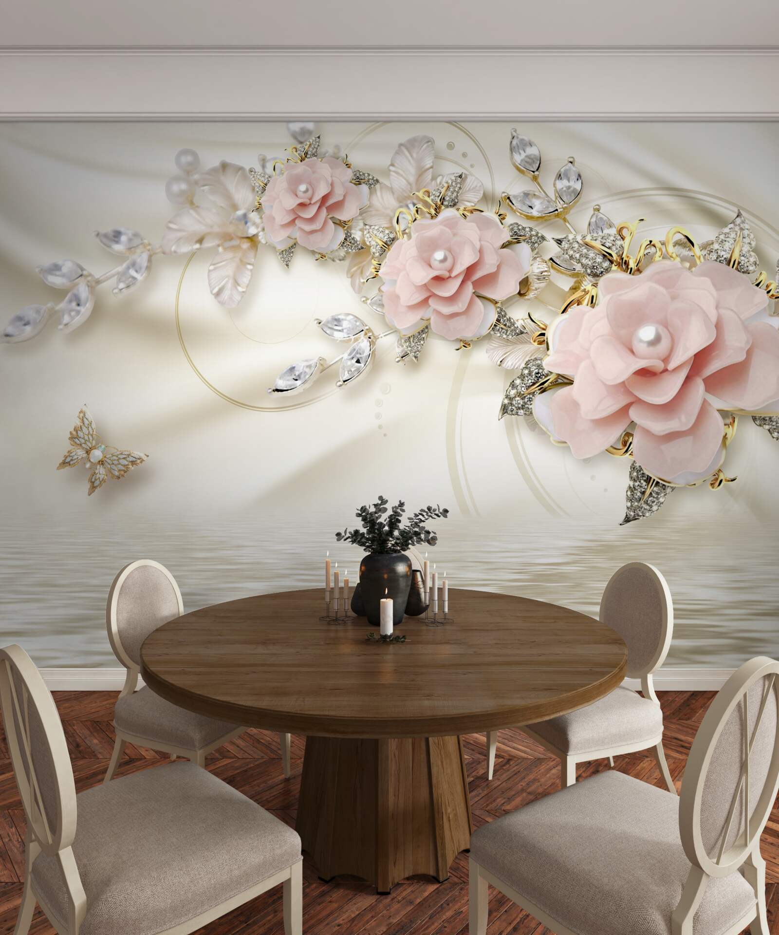 Fototapet deasupra apei atârnă o creangă cu flori roz, decorată cu perle