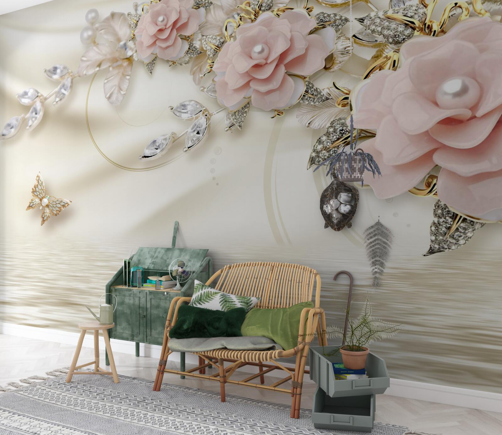 Fototapet deasupra apei atârnă o creangă cu flori roz, decorată cu perle