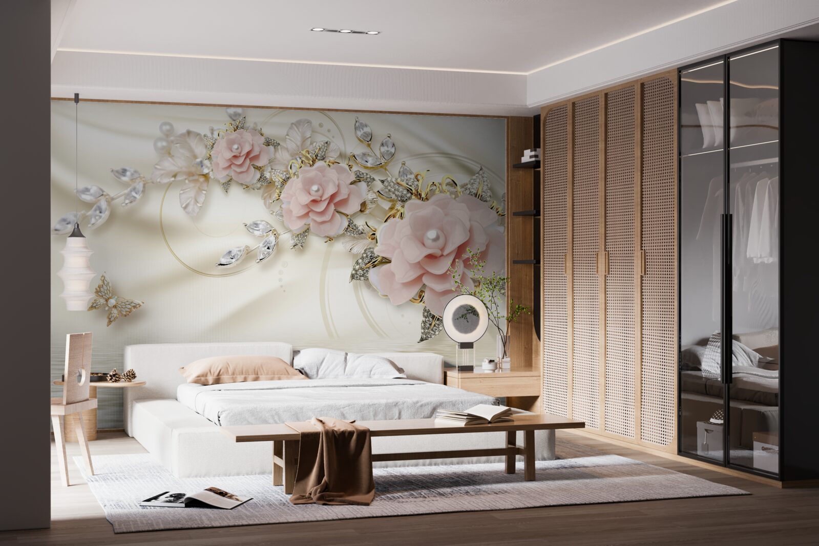 Fototapet deasupra apei atârnă o creangă cu flori roz, decorată cu perle