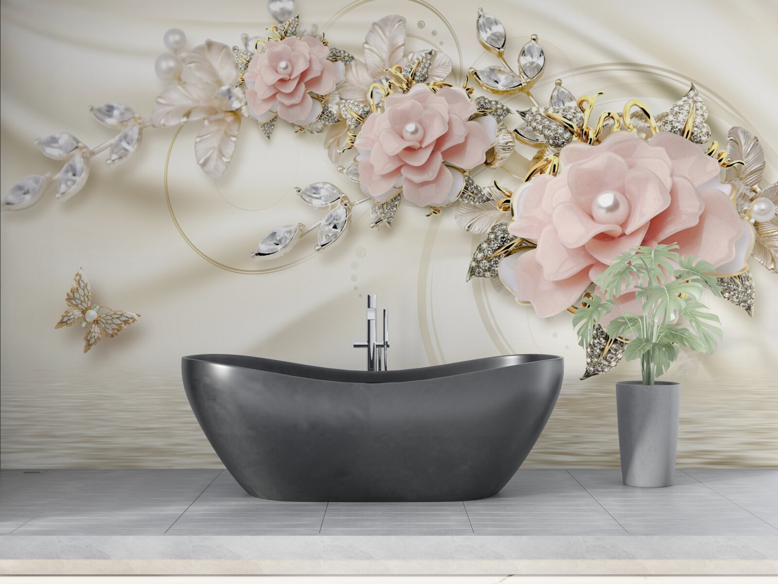 Fototapet deasupra apei atârnă o creangă cu flori roz, decorată cu perle