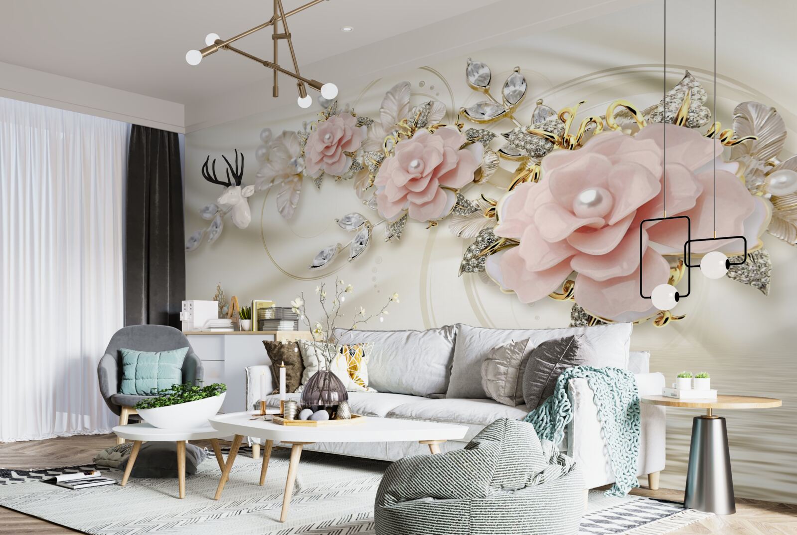 Fototapet deasupra apei atârnă o creangă cu flori roz, decorată cu perle