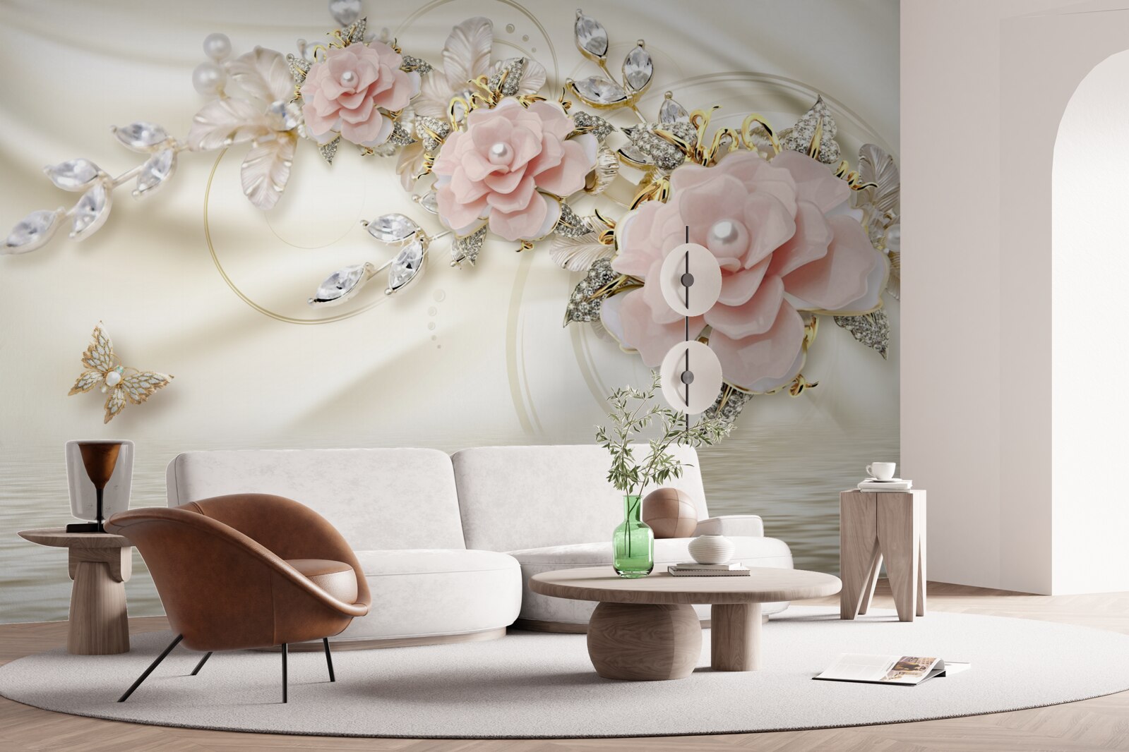 Fototapet deasupra apei atârnă o creangă cu flori roz, decorată cu perle