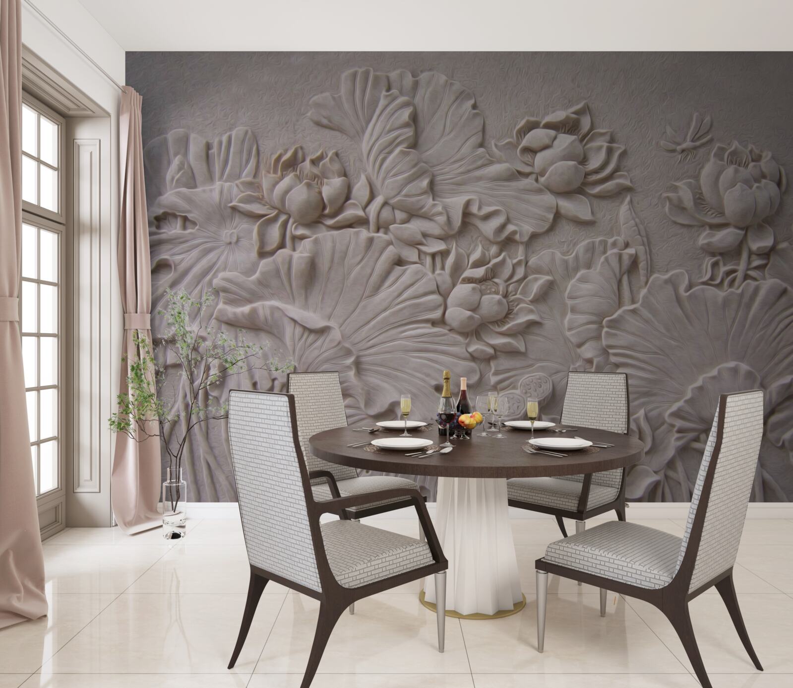 Fototapet relief de lut decorat cu imagini de flori și plante