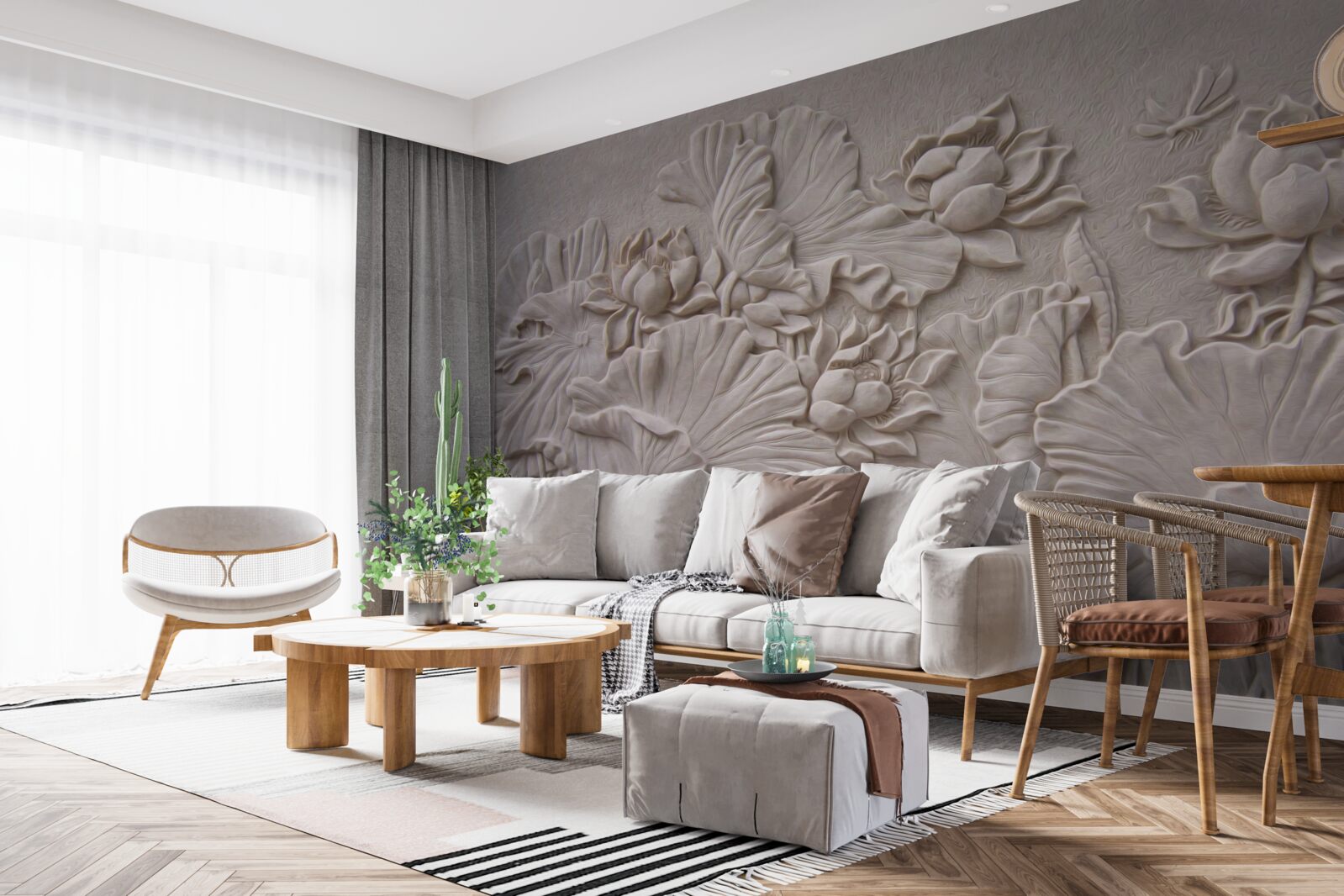 Fototapet relief de lut decorat cu imagini de flori și plante