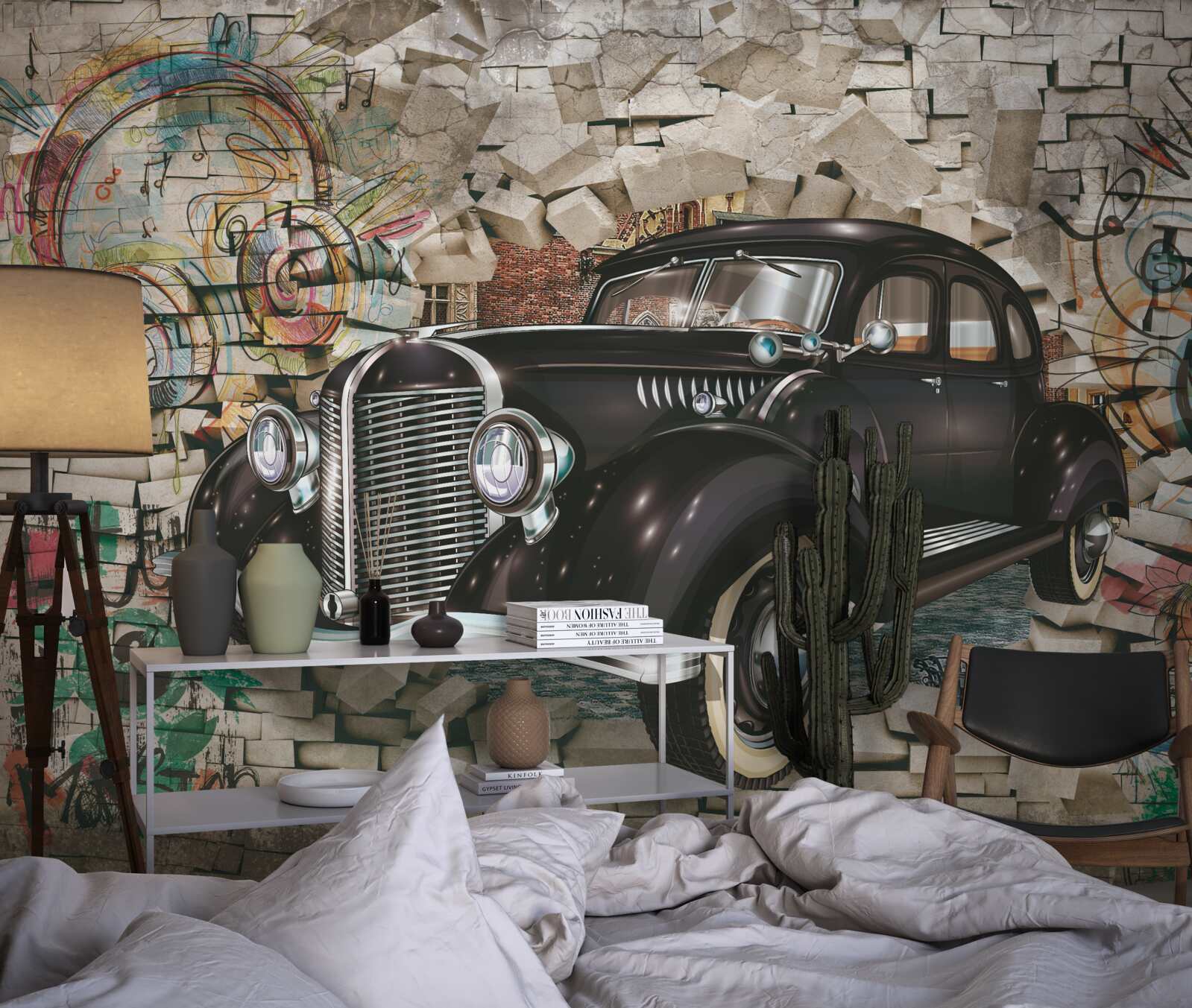 Fototapet mașină neagră de epocă pe perete