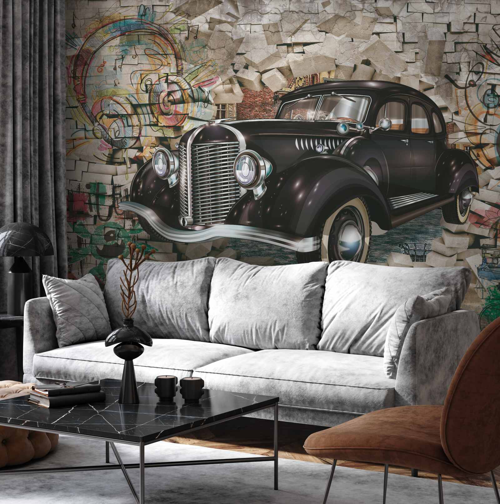Fototapet mașină neagră de epocă pe perete