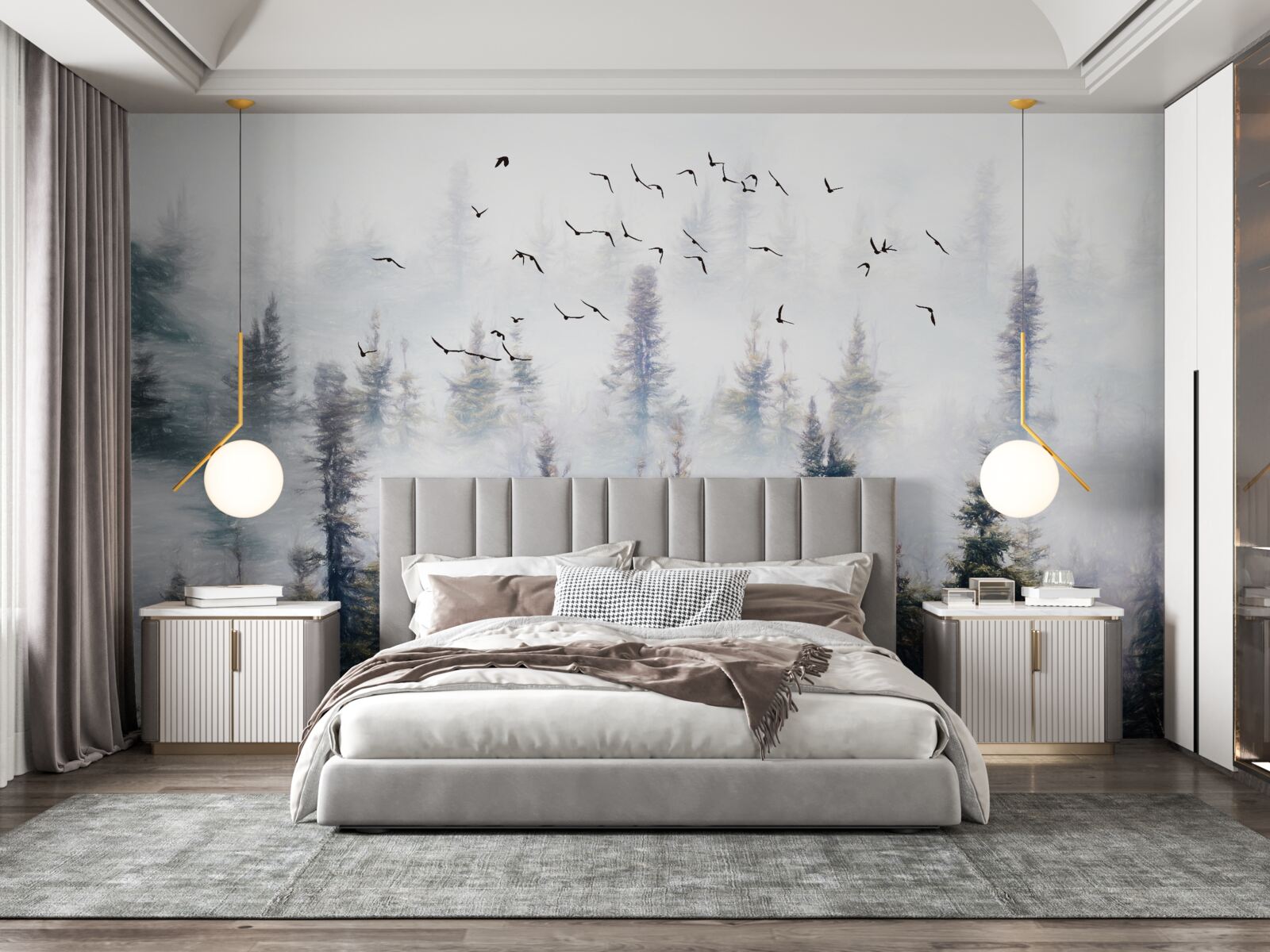 Fototapet locuitorii cu pene planează peste o pădure de pini misterioasă înconjurată de ceață