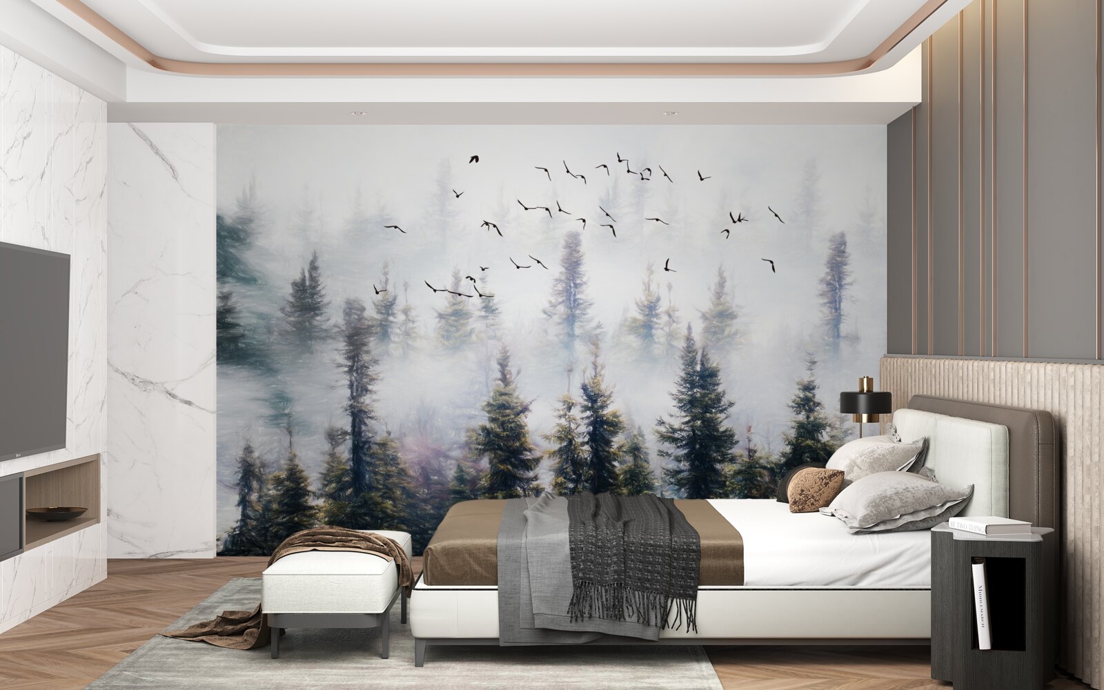 Fototapet locuitorii cu pene planează peste o pădure de pini misterioasă înconjurată de ceață