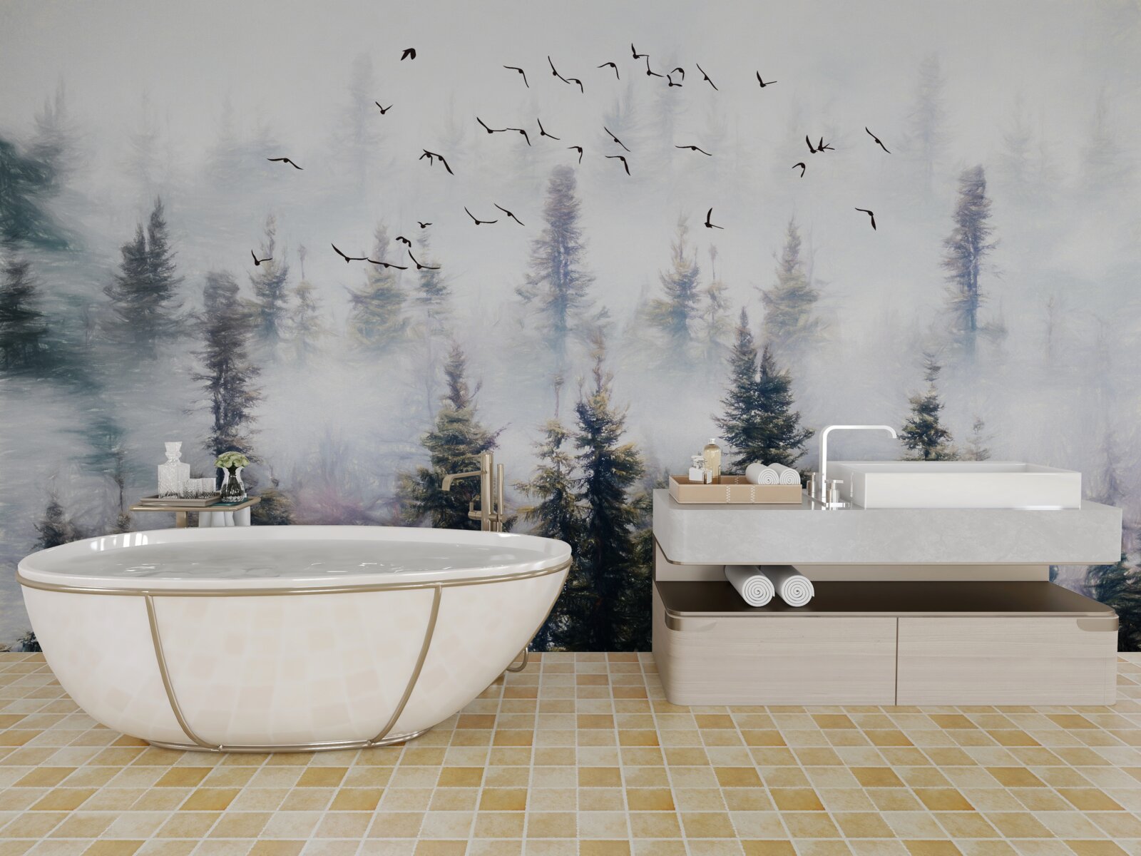 Fototapet locuitorii cu pene planează peste o pădure de pini misterioasă înconjurată de ceață