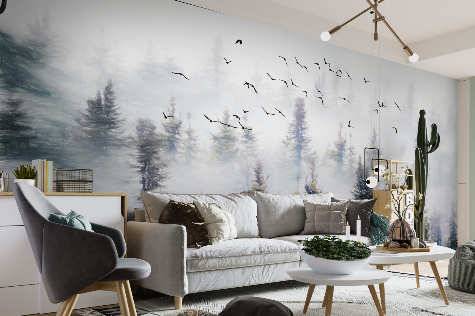 Fototapet locuitorii cu pene planează peste o pădure de pini misterioasă înconjurată de ceață