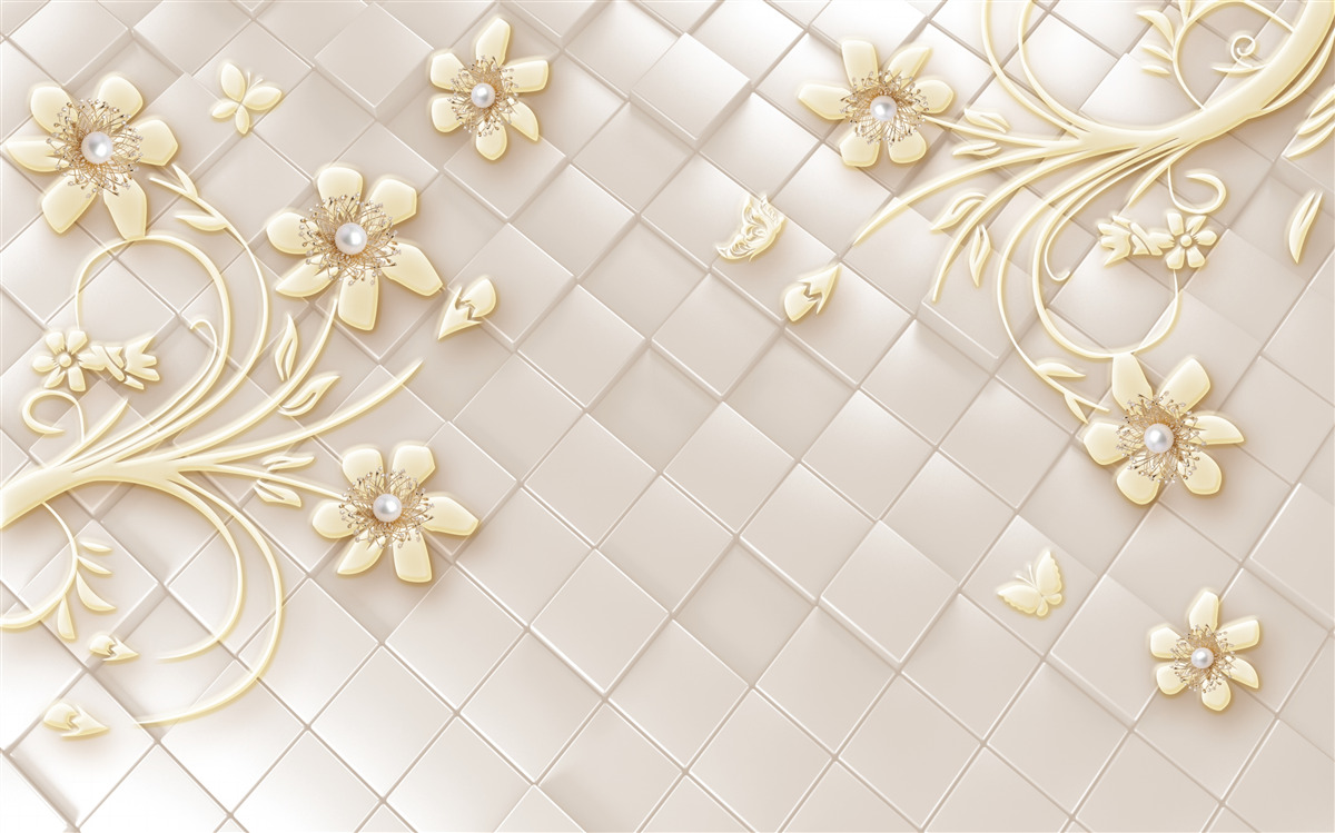 Fototapet flori și ramuri aurii pe un fundal de romburi geometrice