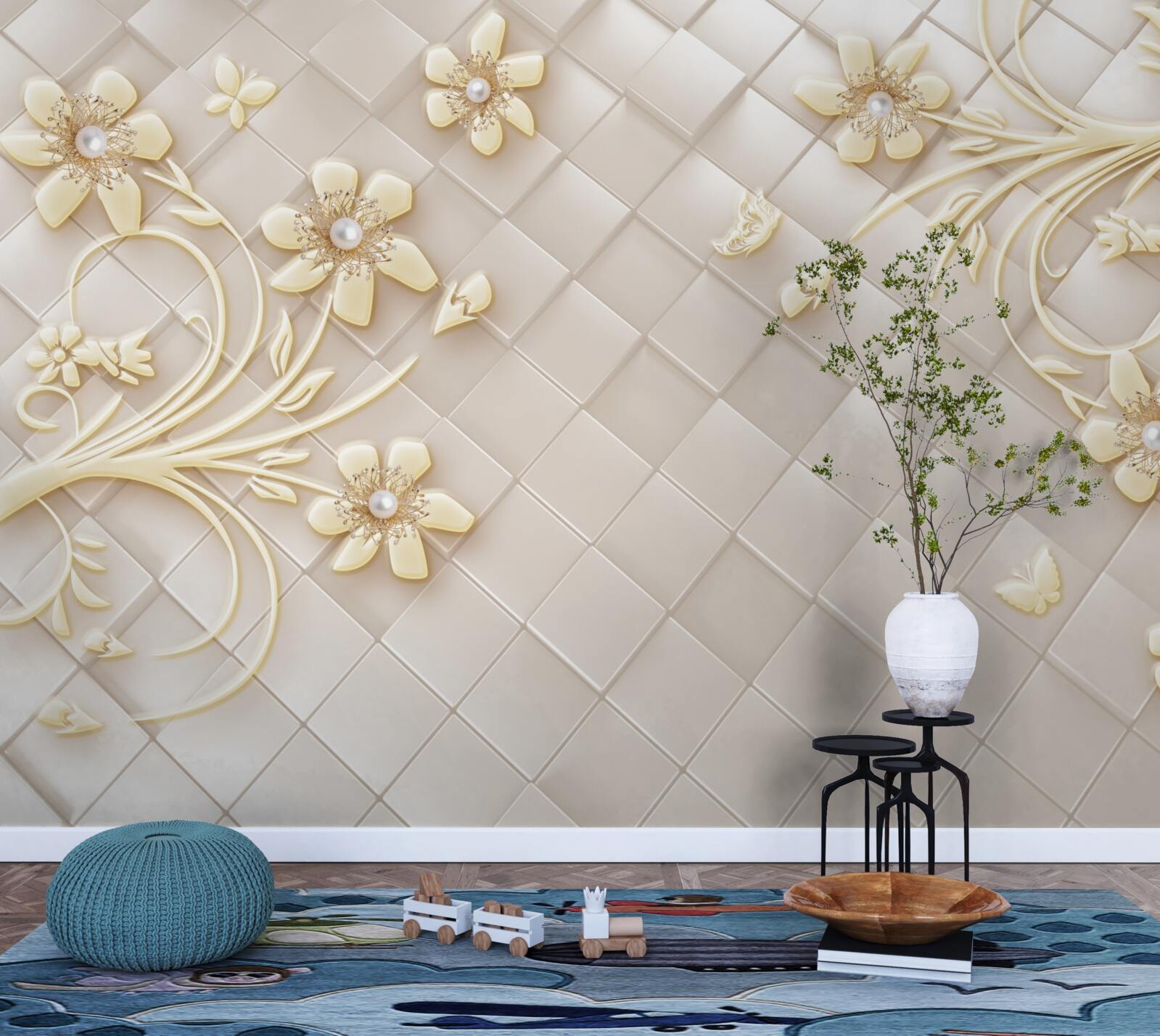 Fototapet flori și ramuri aurii pe un fundal de romburi geometrice