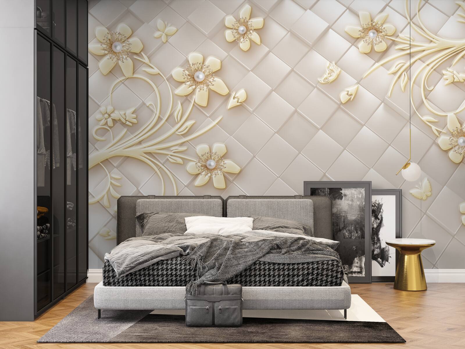 Fototapet flori și ramuri aurii pe un fundal de romburi geometrice