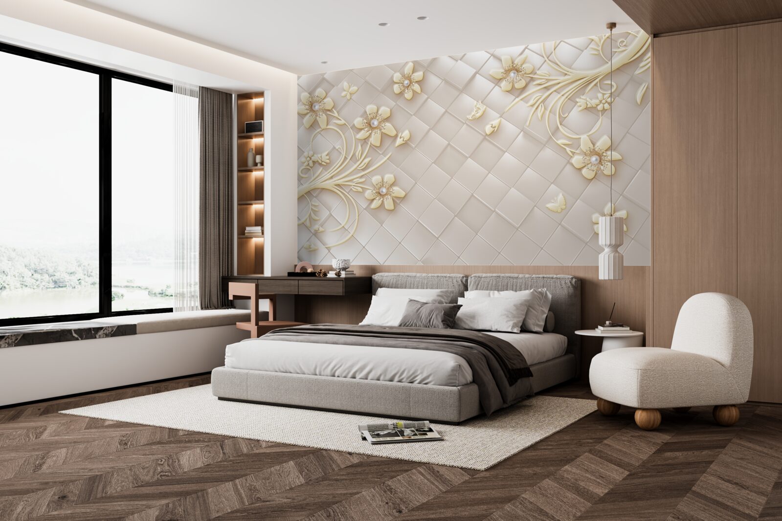 Fototapet flori și ramuri aurii pe un fundal de romburi geometrice