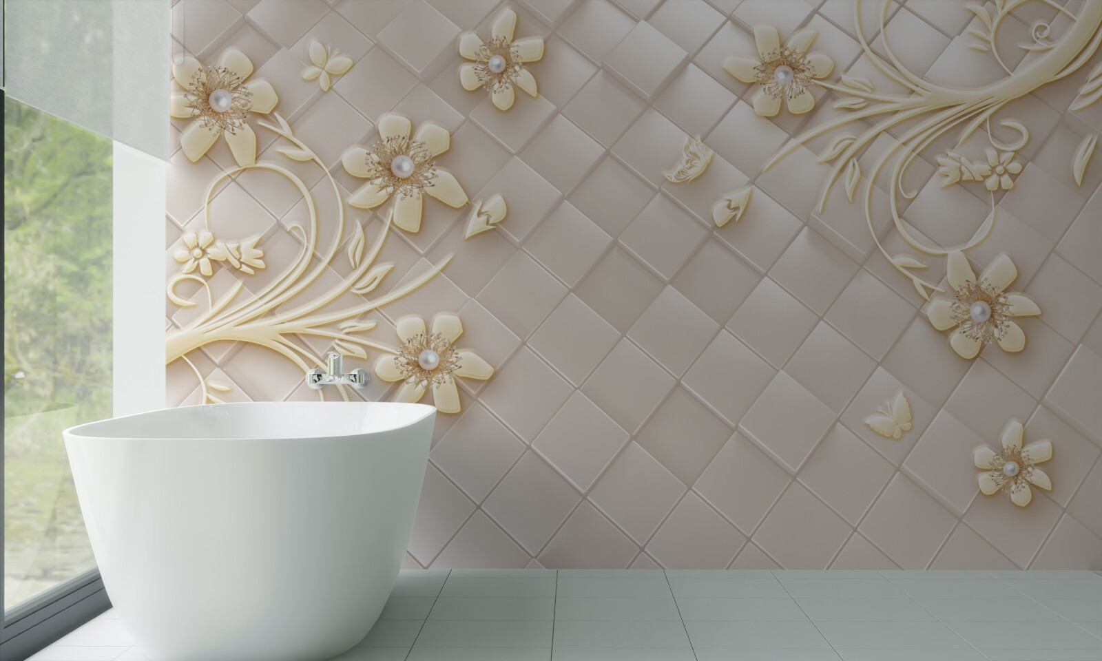 Fototapet flori și ramuri aurii pe un fundal de romburi geometrice