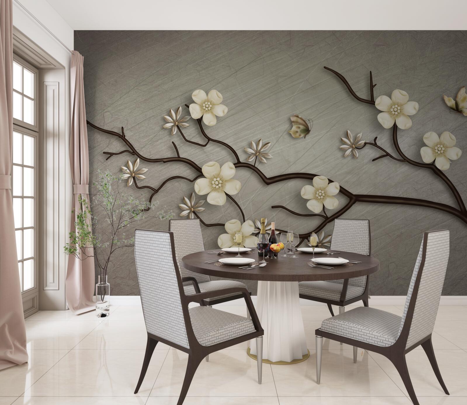 Fototapet ramură de magnolie înflorită cu flori albe