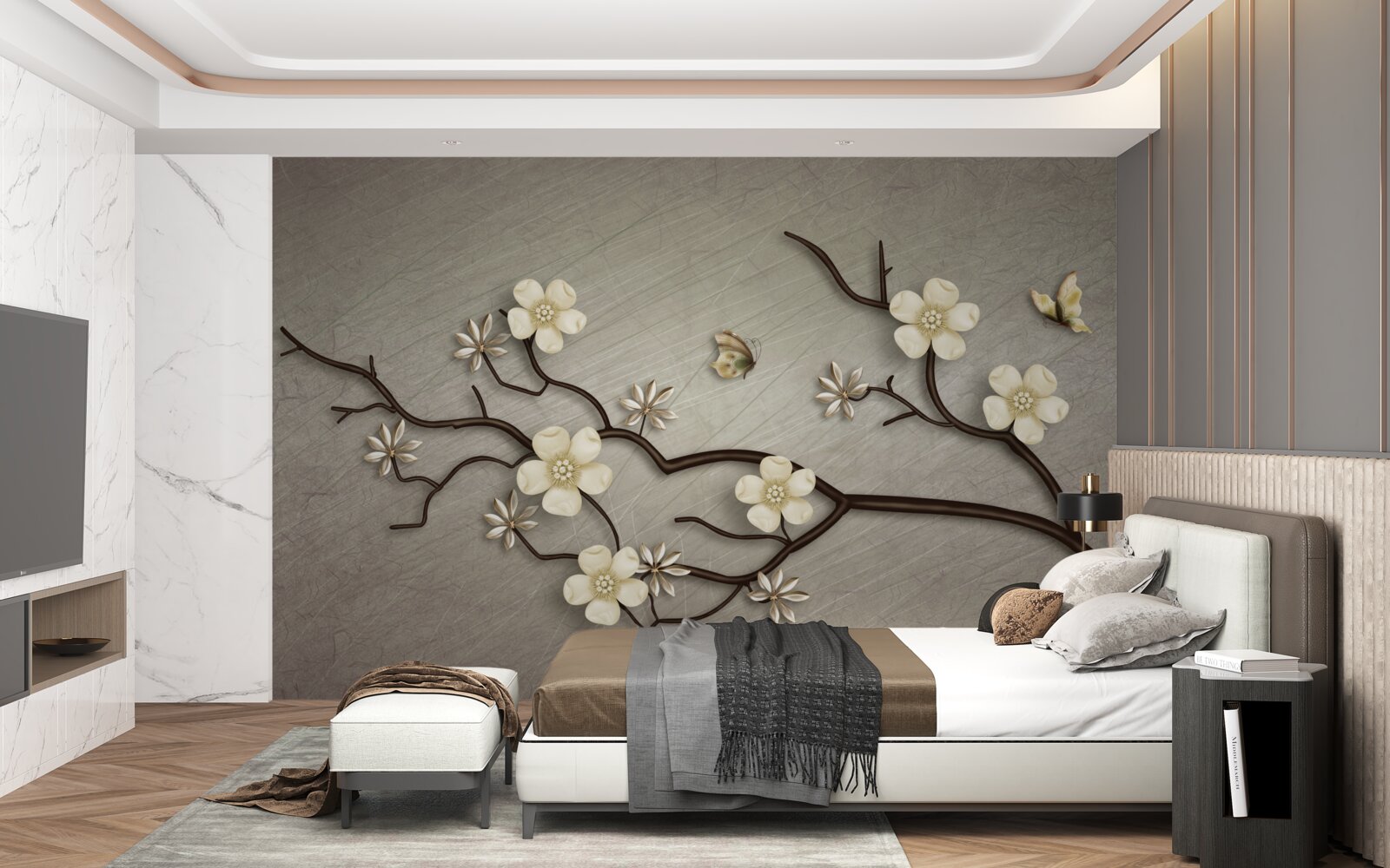 Fototapet ramură de magnolie înflorită cu flori albe