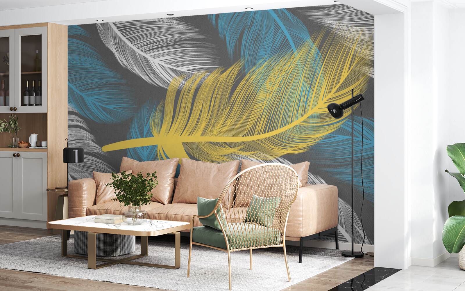 Fototapet printre alb și lumină, o pană de aur iese în evidență