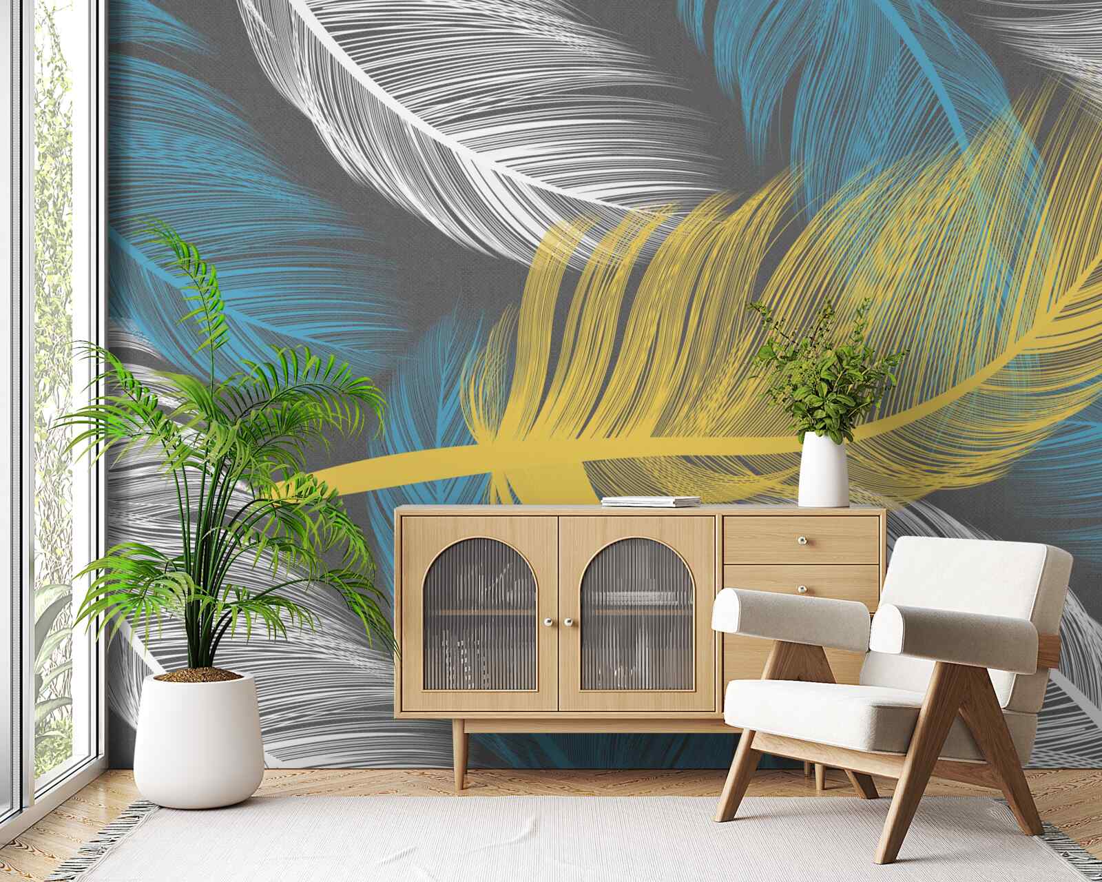 Fototapet printre alb și lumină, o pană de aur iese în evidență