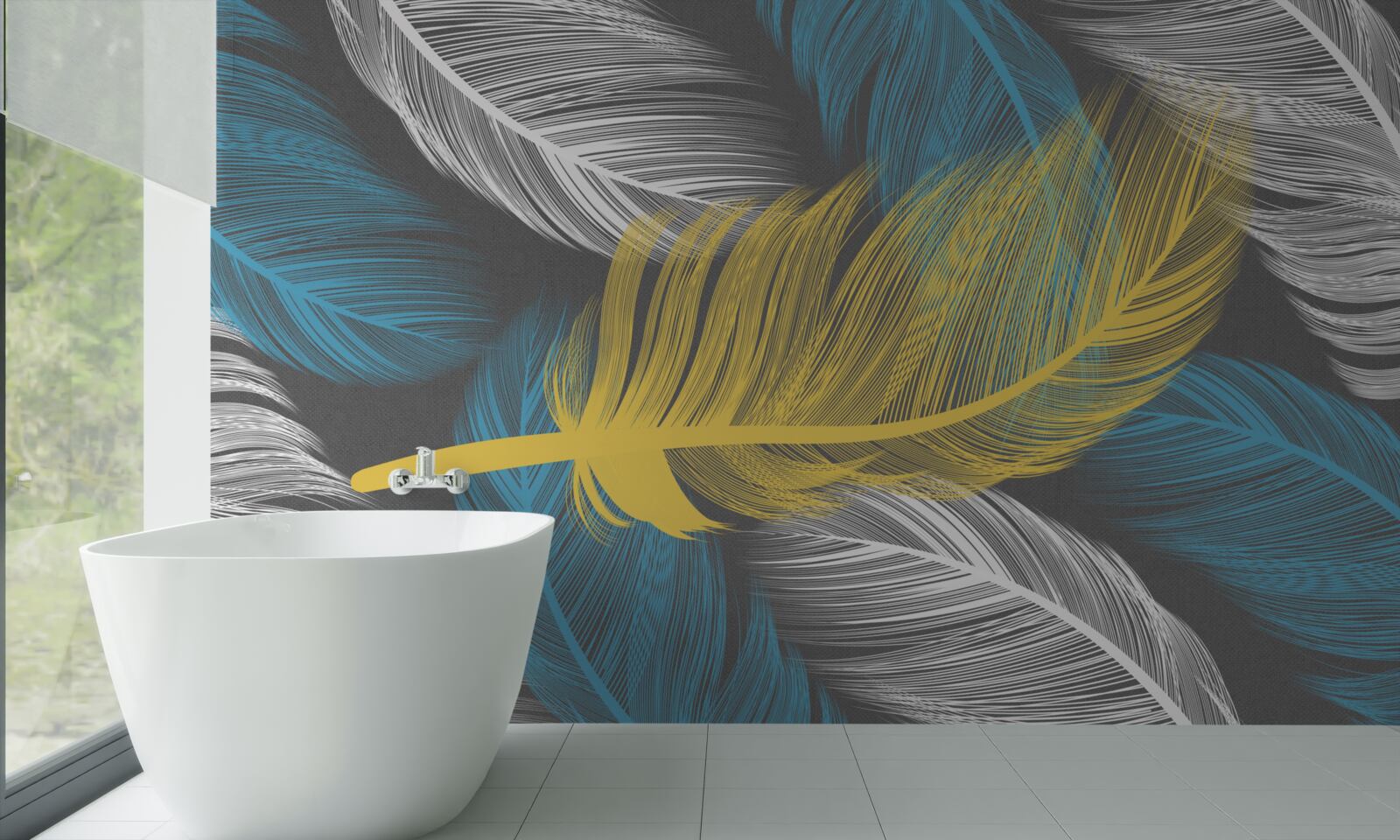 Fototapet printre alb și lumină, o pană de aur iese în evidență