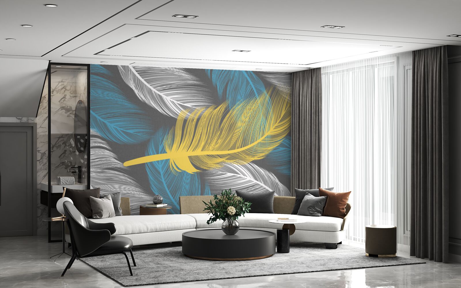 Fototapet printre alb și lumină, o pană de aur iese în evidență