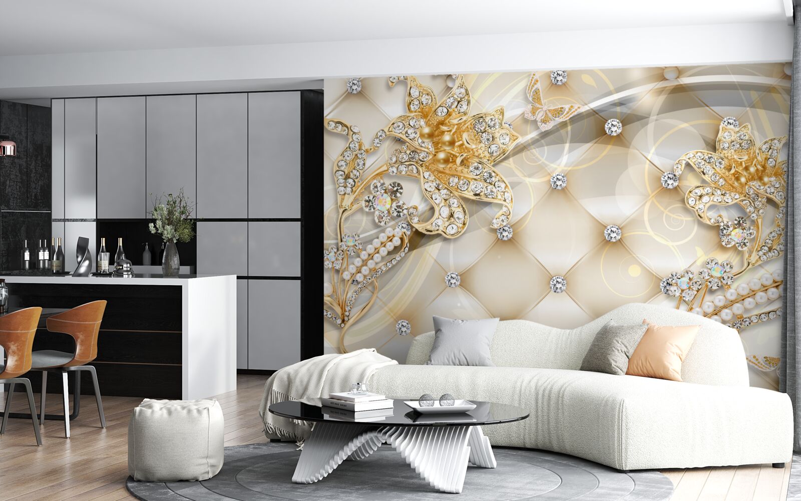 Fototapet ornamente florale din perle și aur