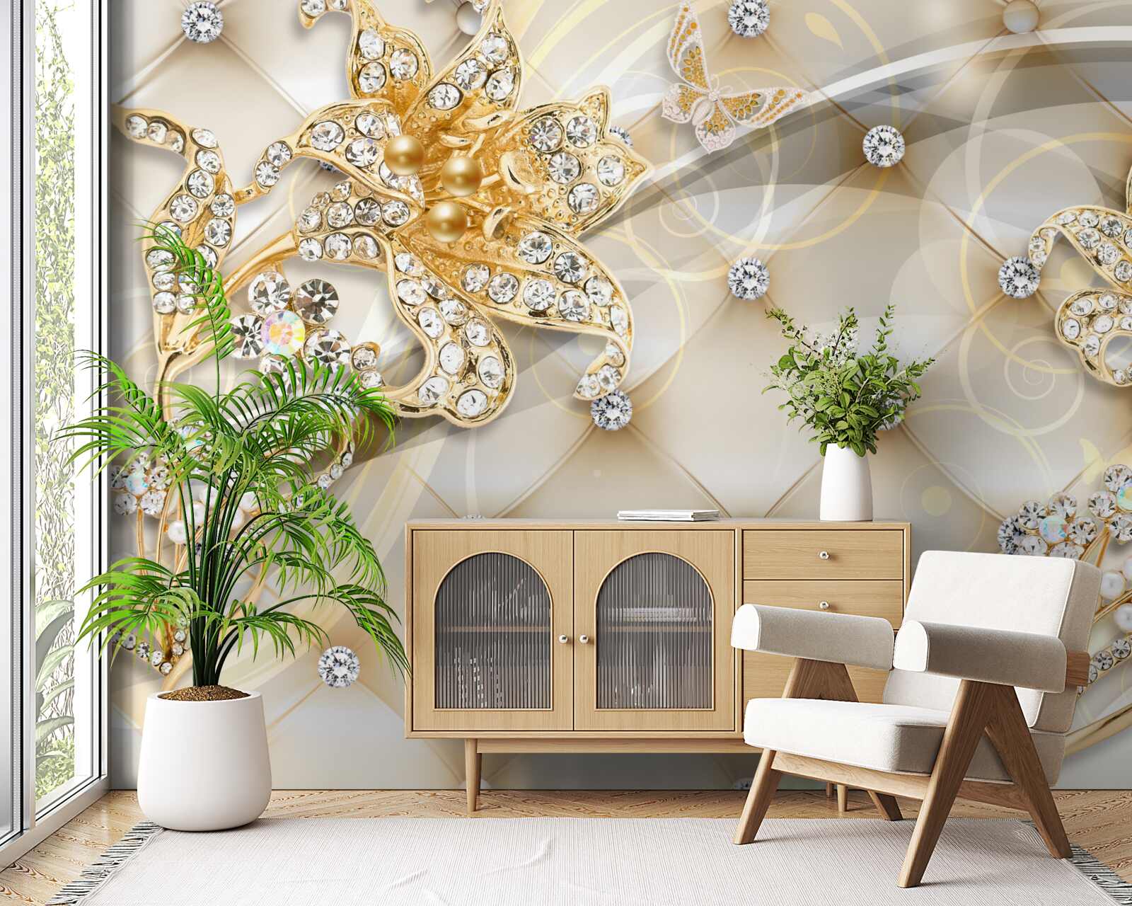 Fototapet ornamente florale din perle și aur