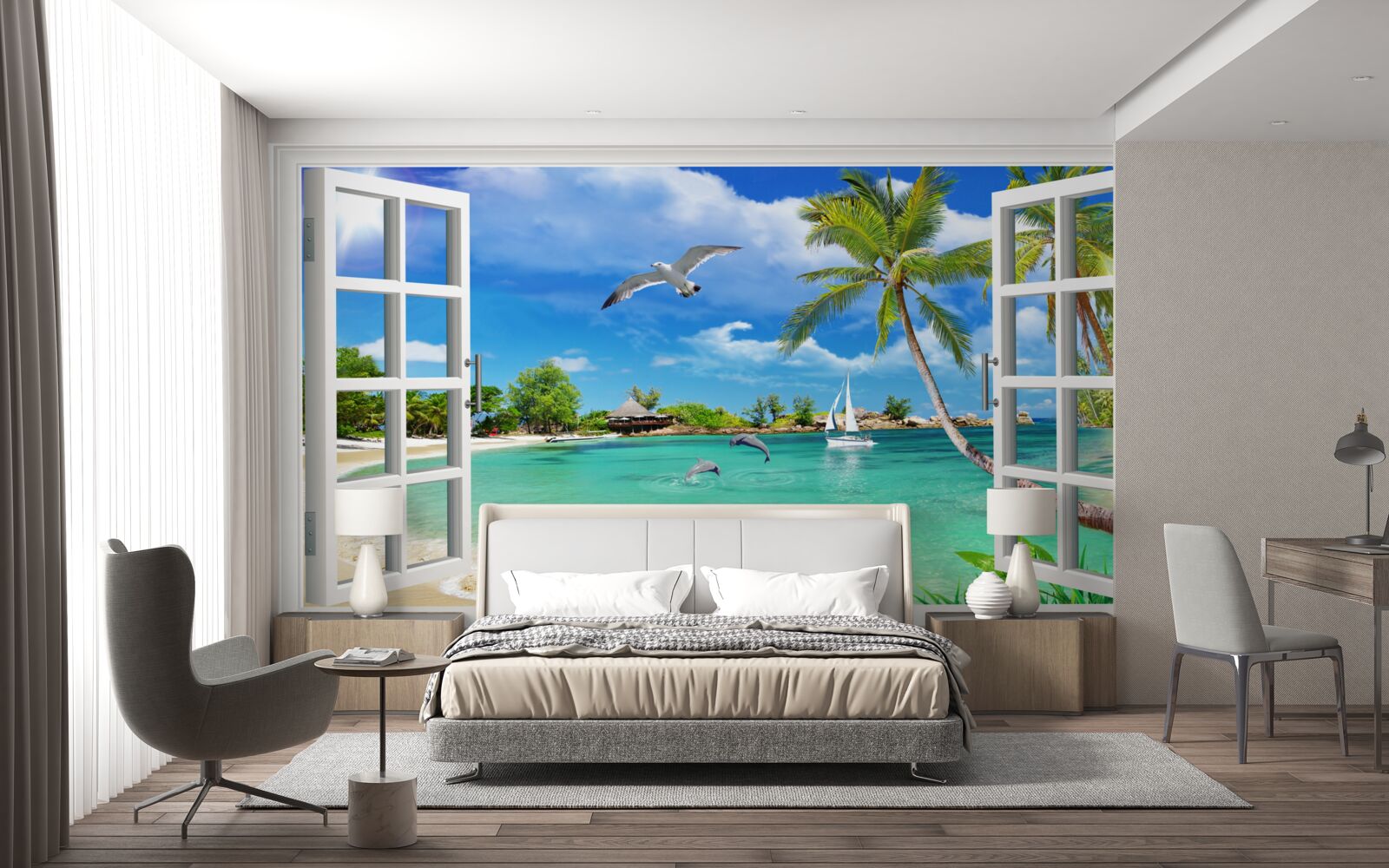 Fototapet ferestre cu vedere neîntreruptă la plaja de nisip și la apă