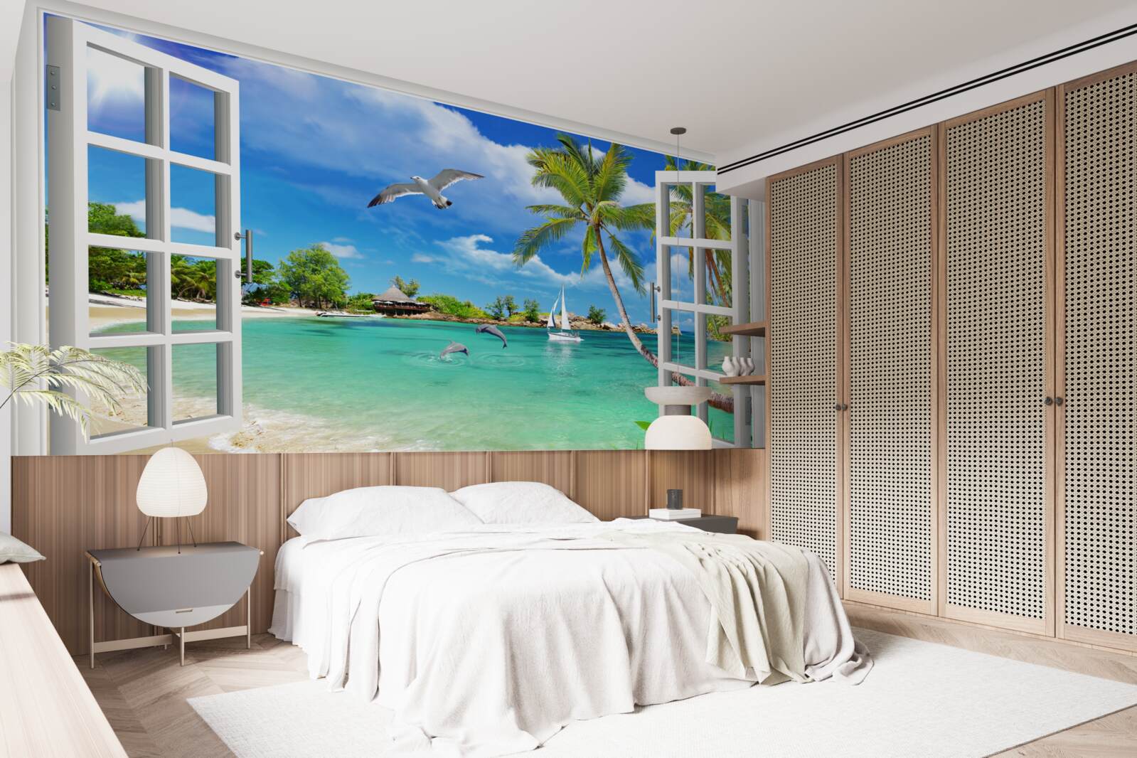 Fototapet ferestre cu vedere neîntreruptă la plaja de nisip și la apă