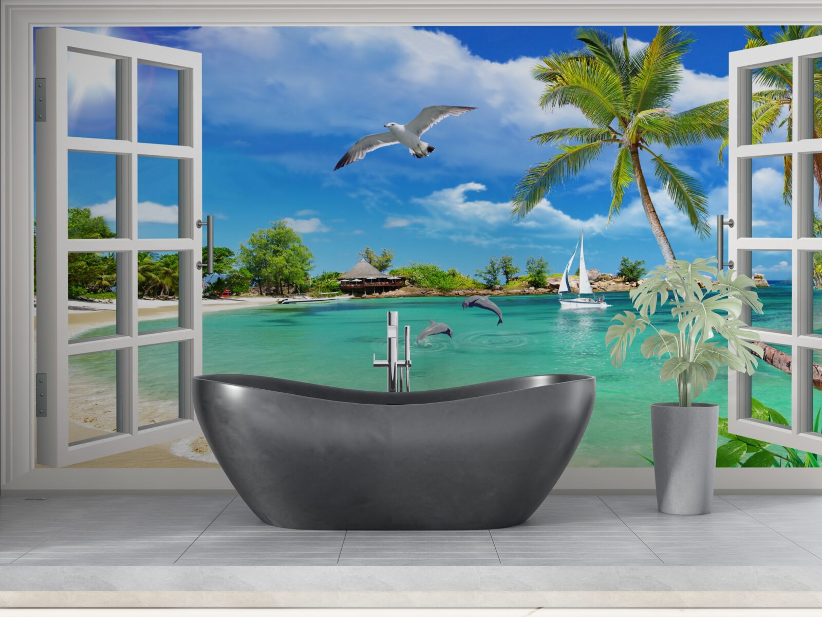 Fototapet ferestre cu vedere neîntreruptă la plaja de nisip și la apă