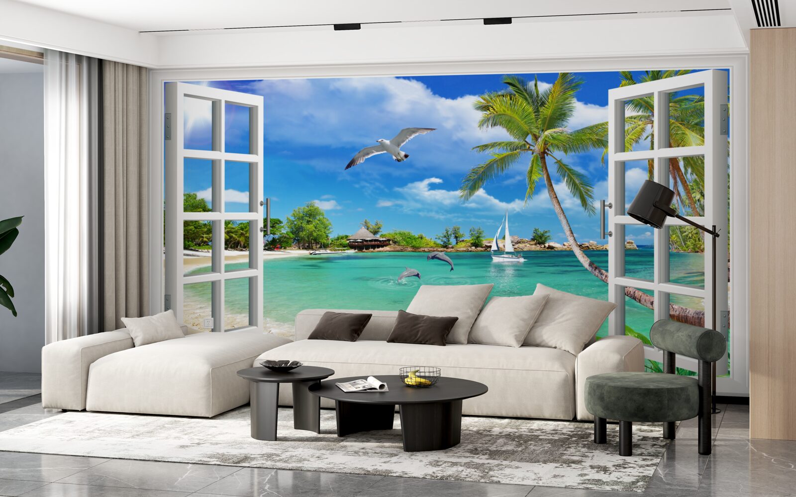 Fototapet ferestre cu vedere neîntreruptă la plaja de nisip și la apă