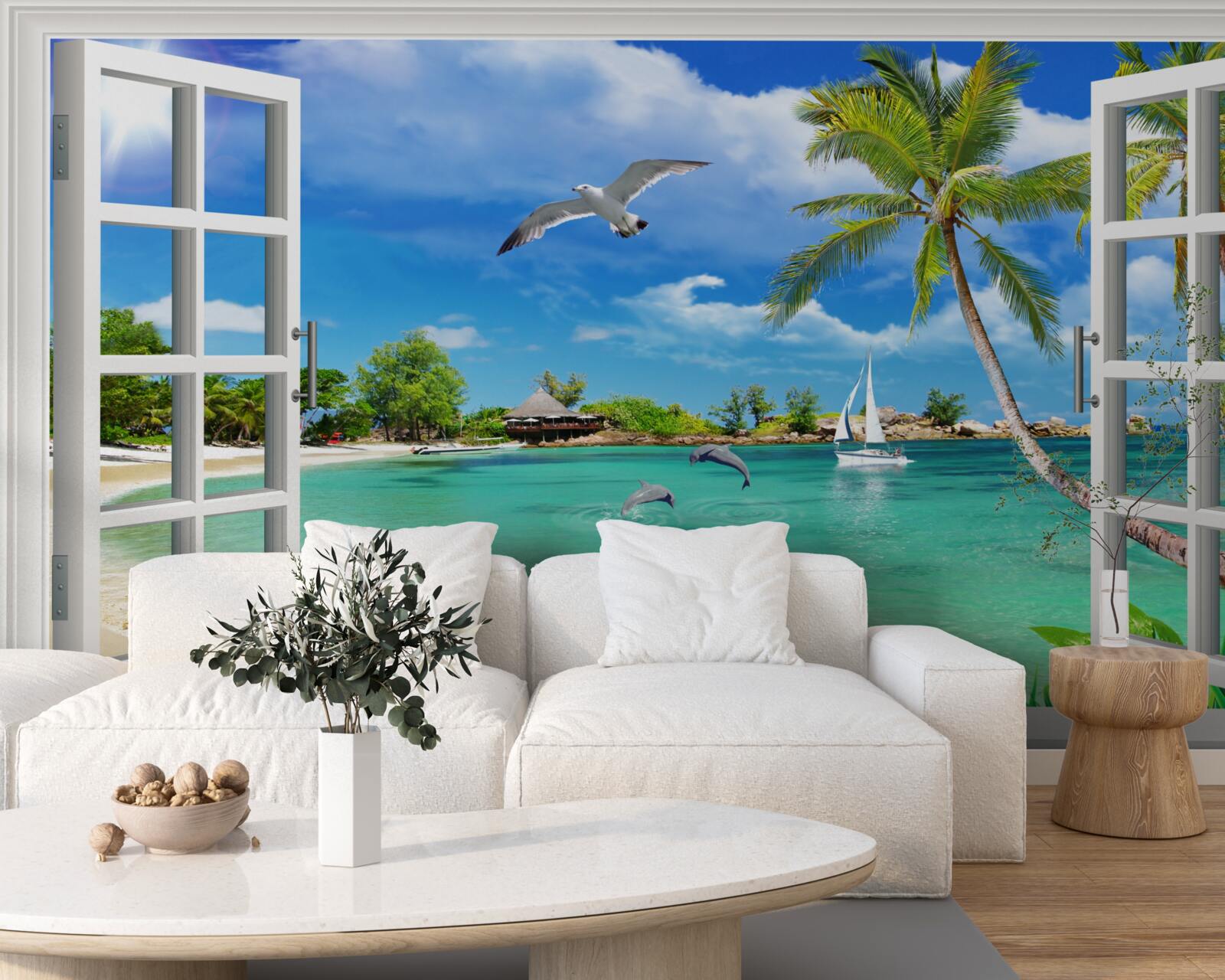 Fototapet ferestre cu vedere neîntreruptă la plaja de nisip și la apă