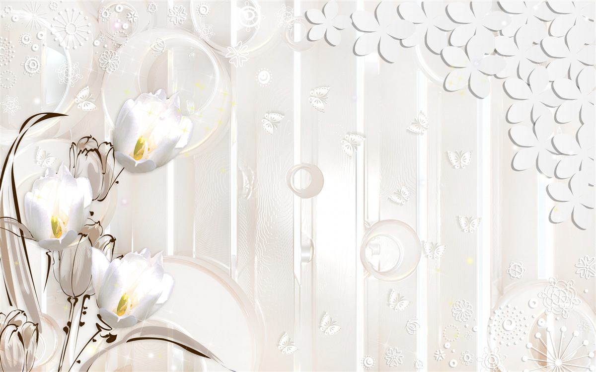 Fototapet lalele superbe albe ca zăpada și picături de umezeală