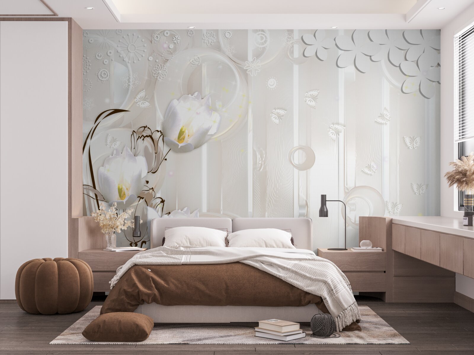 Fototapet lalele superbe albe ca zăpada și picături de umezeală