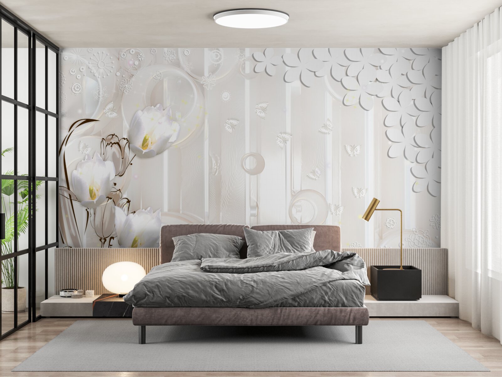 Fototapet lalele superbe albe ca zăpada și picături de umezeală