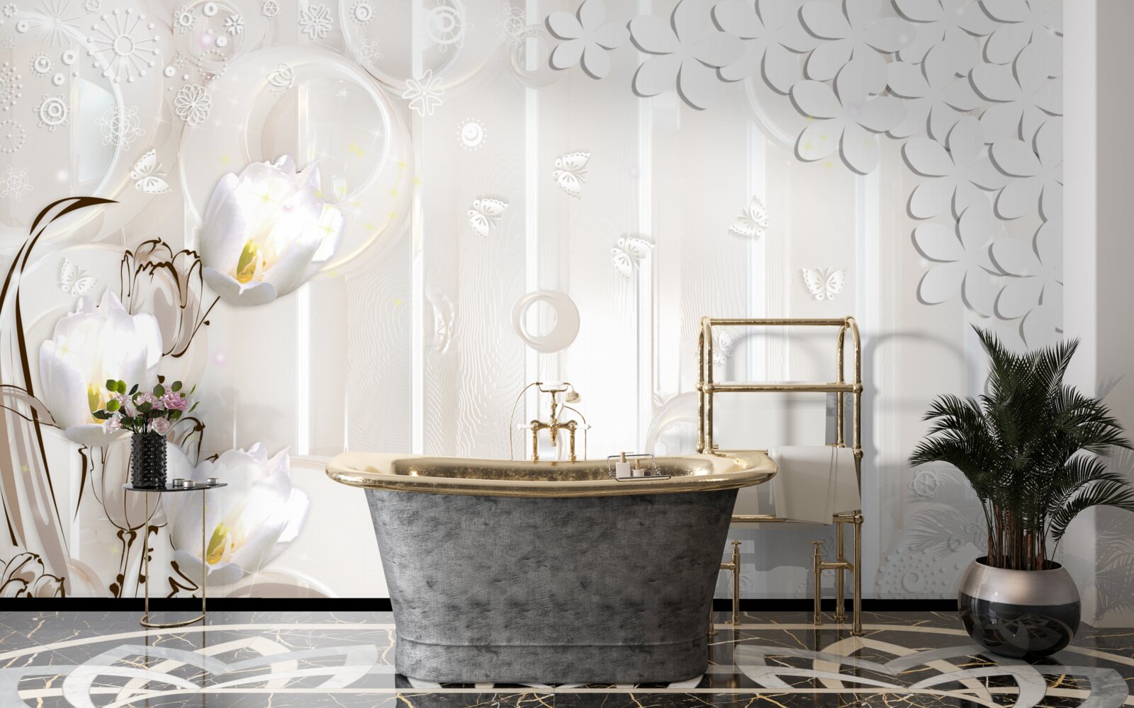 Fototapet lalele superbe albe ca zăpada și picături de umezeală