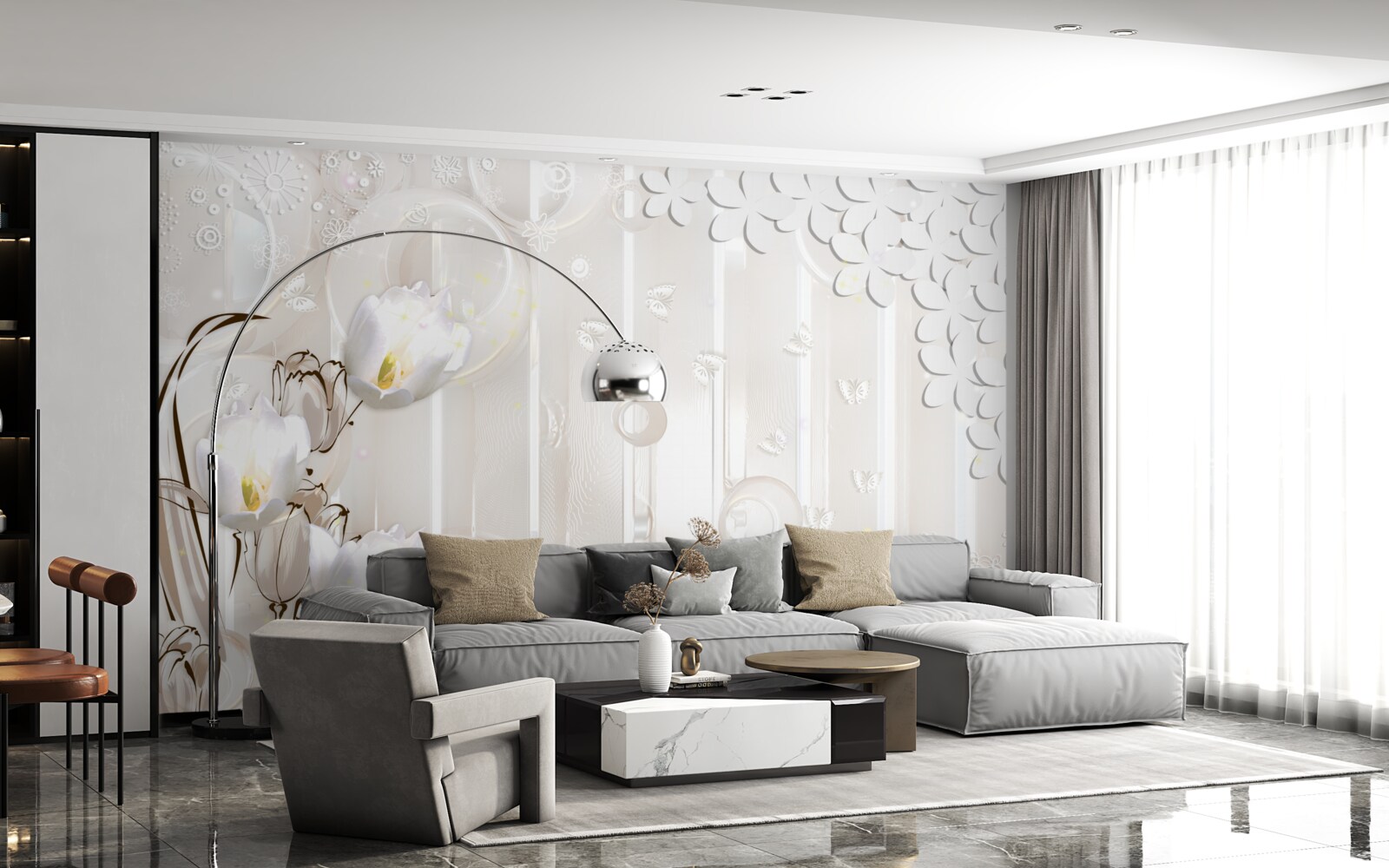 Fototapet lalele superbe albe ca zăpada și picături de umezeală