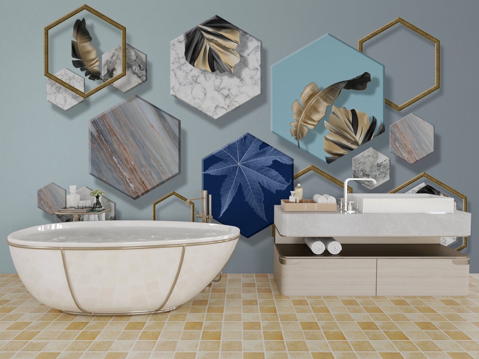 Fototapet hexagoane cu conținuturi diferite