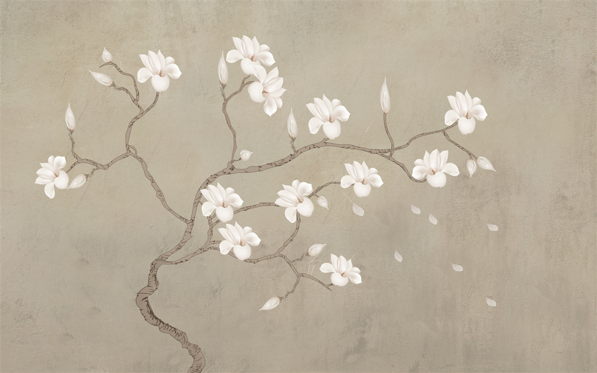 Fototapet în ceață, un singur copac cu flori albe