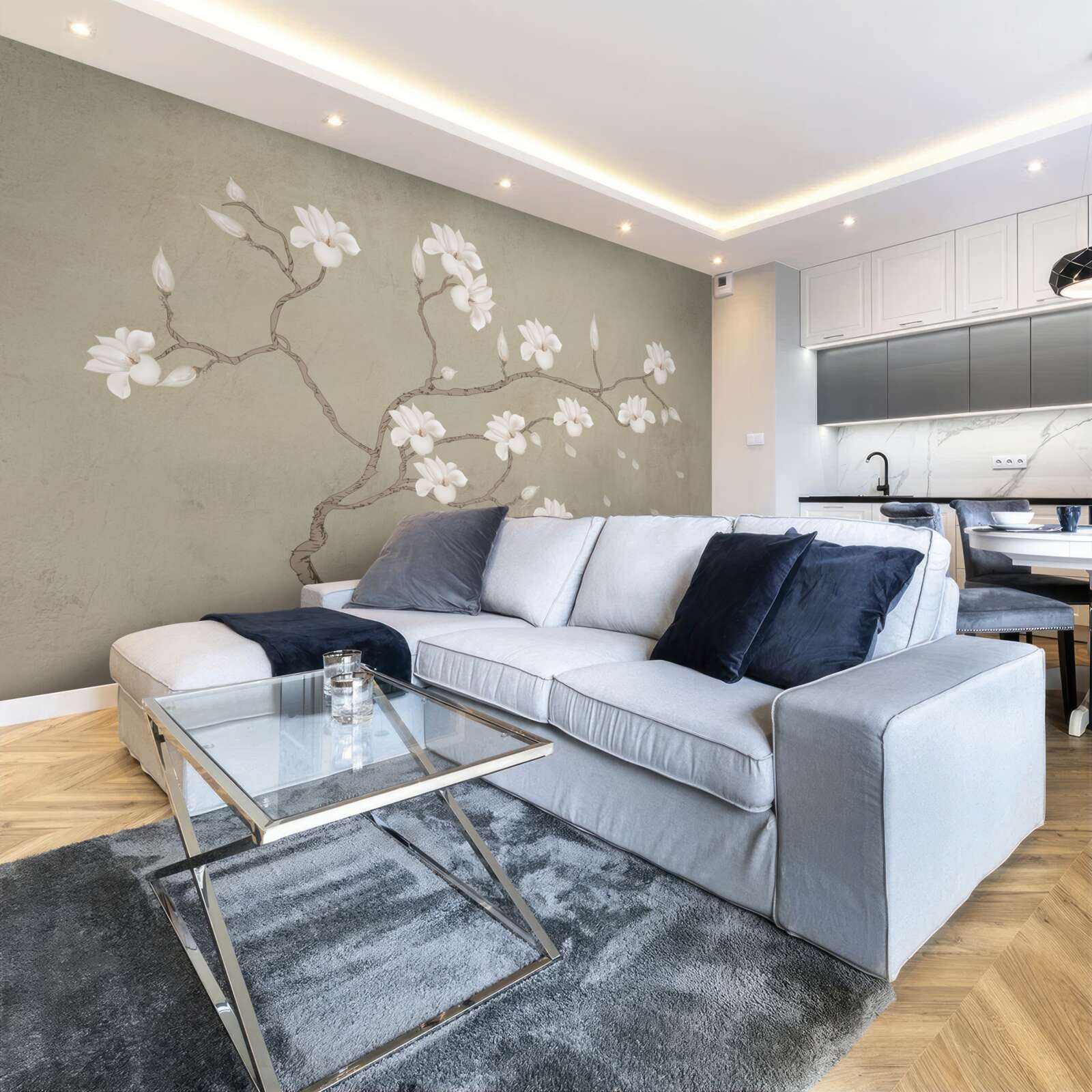 Fototapet în ceață, un singur copac cu flori albe