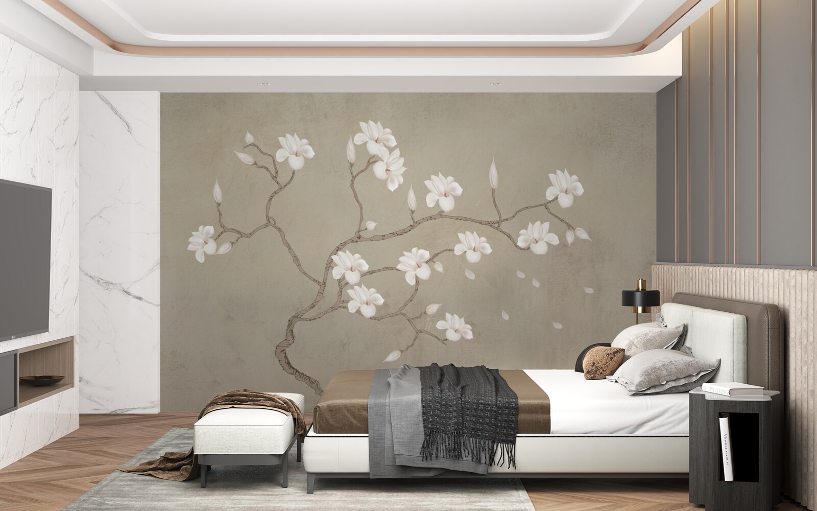 Fototapet în ceață, un singur copac cu flori albe