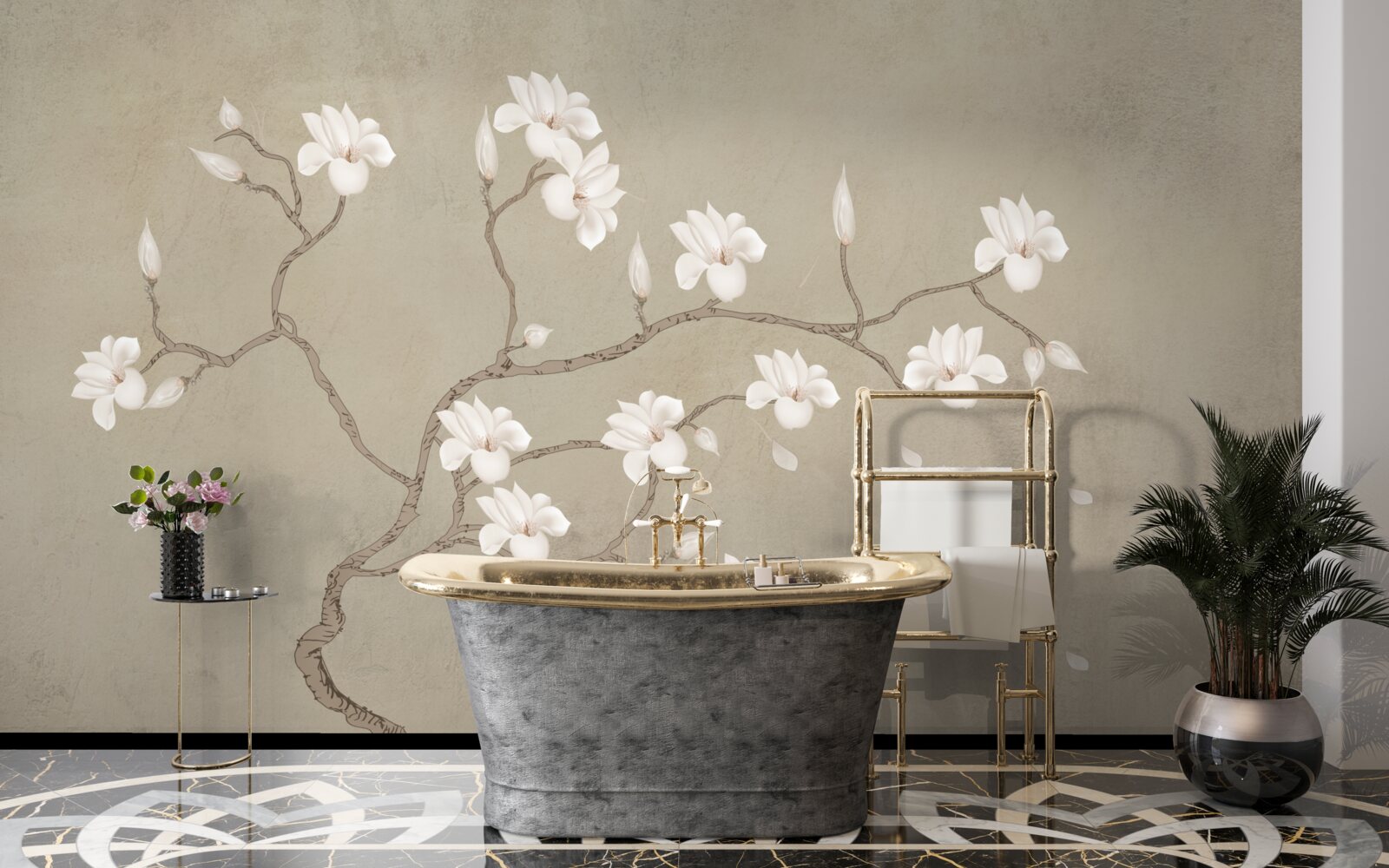 Fototapet în ceață, un singur copac cu flori albe