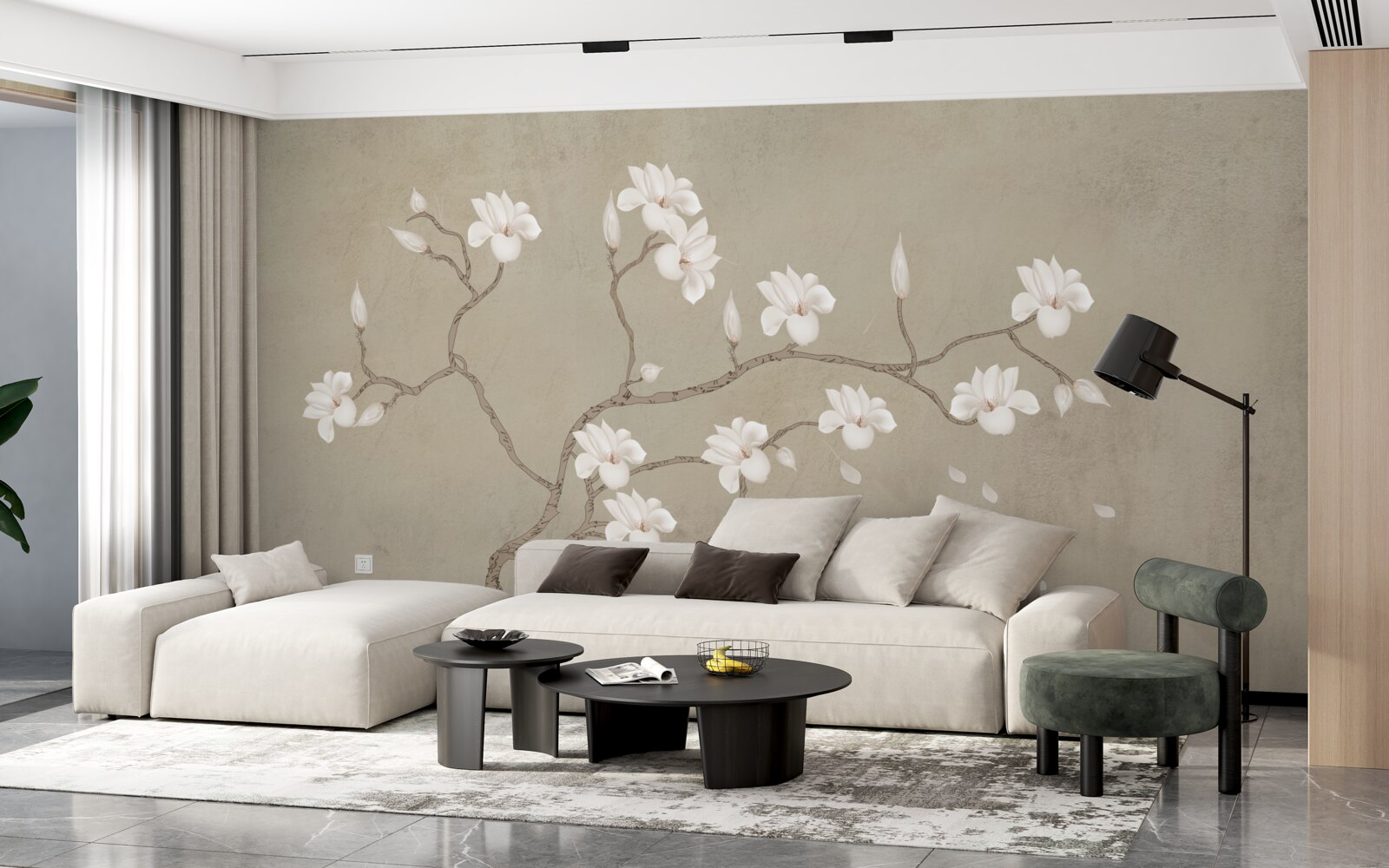 Fototapet în ceață, un singur copac cu flori albe