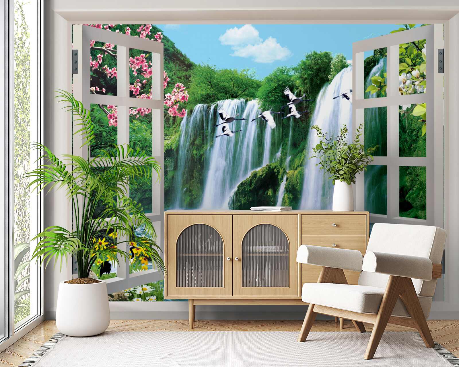 Fototapet vedere de la fereastră la cascadele zgomotoase