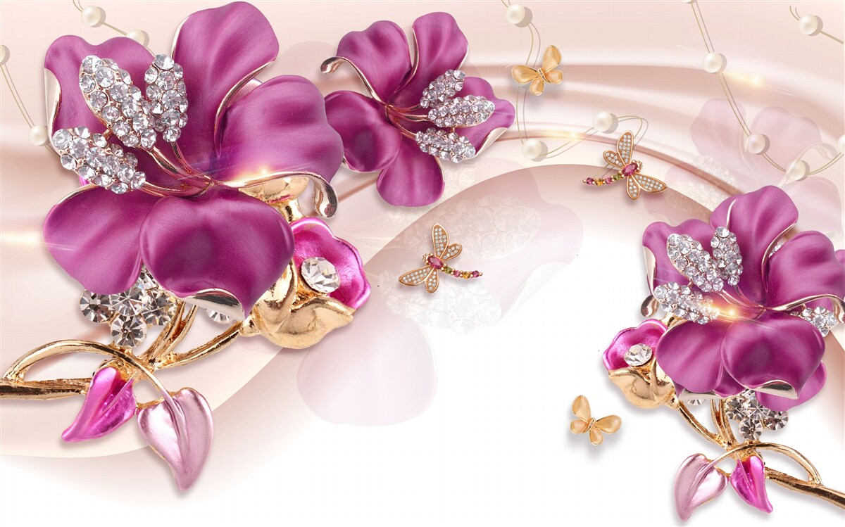 Fototapet petale de flori mov înconjurate de perle și aur