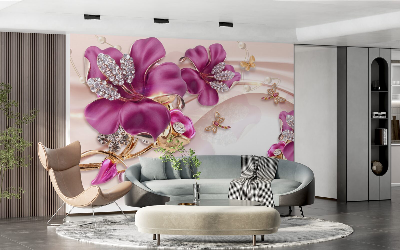 Fototapet petale de flori mov înconjurate de perle și aur