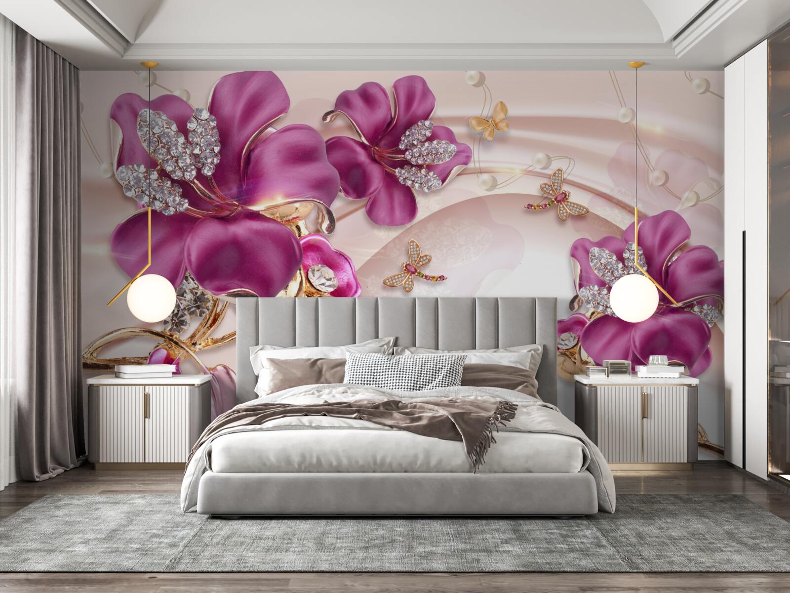 Fototapet petale de flori mov înconjurate de perle și aur